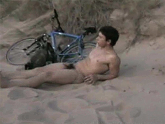 Nude boy masturbates on the empty beach